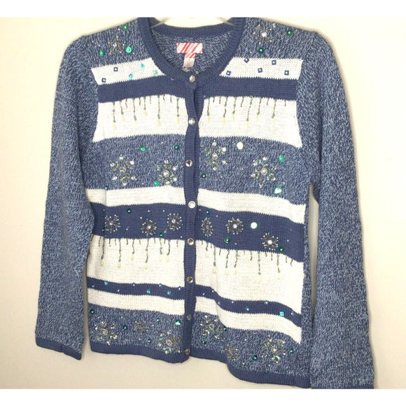 Blue & White SnowFlake Beaded Cardigan Size M - Picture 1 of 9